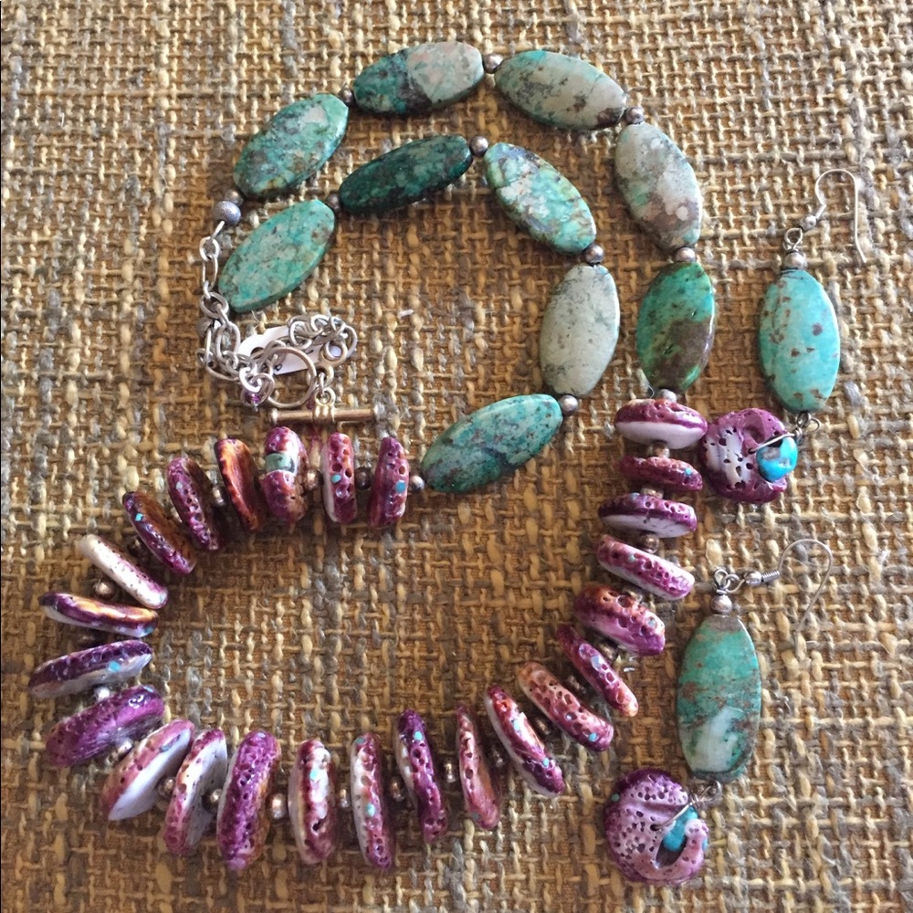 Spiny Oyster and Turquoise Necklace and Earrings